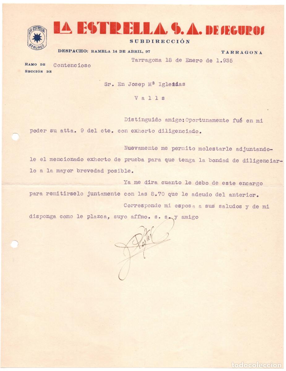 Cartas comerciales: Carta comercial La Estrella S.A. de Seguros &ndash; Rep&uacute;blica Tarragona 1935