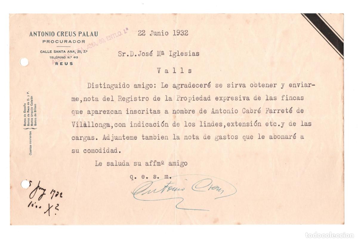 Cartas comerciales: Carta comercial Antoni Creus Palau Procurador &ndash; Rep&uacute;blica Reus 1932