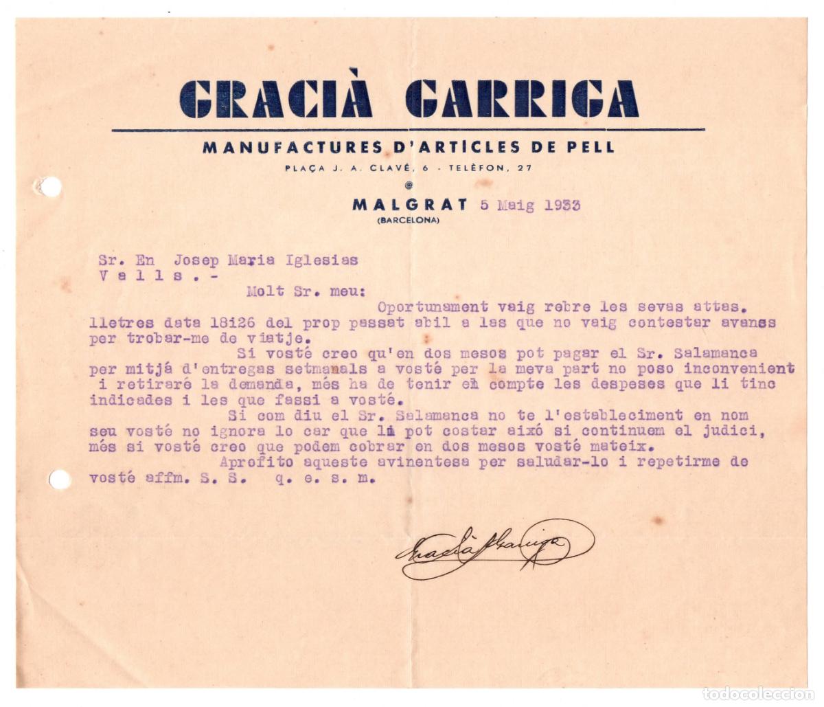 Cartas comerciales: Carta comercial Gr&agrave;cia Garriga manufactures articles pell &ndash; Rep&uacute;blica Malgrat de Mar 1933