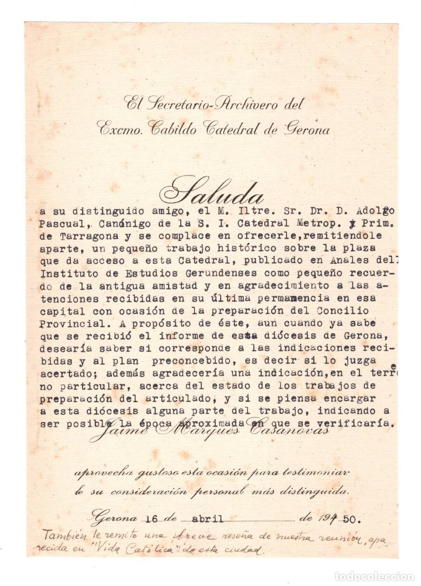 Cartas comerciales: Carta Secretario archivero Catedral de Girona &ndash; 1950 &ndash; Jaime Marqu&eacute;s Casanovas