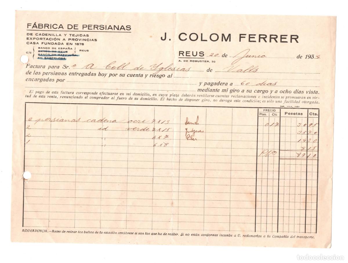 Cartas comerciales: Factura comercial J Colom Ferrer f&agrave;brica de persianes &ndash; Rep&uacute;blica Reus 1934