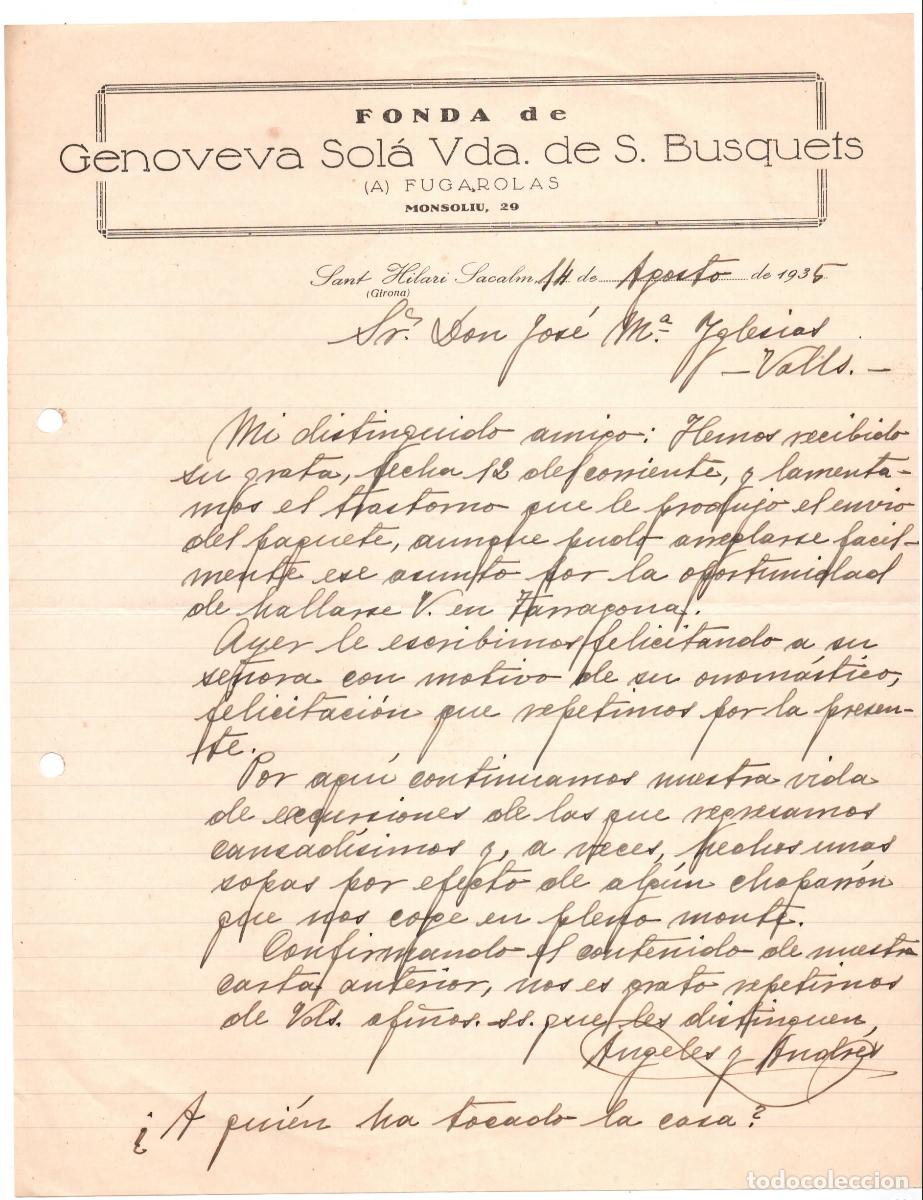 Cartas comerciales: Carta comercial Fonda de Genoveva Sol&agrave; Vda. Busquets &ndash; Sant Hilari Sacalm &ndash; Rep&uacute;blica 1935