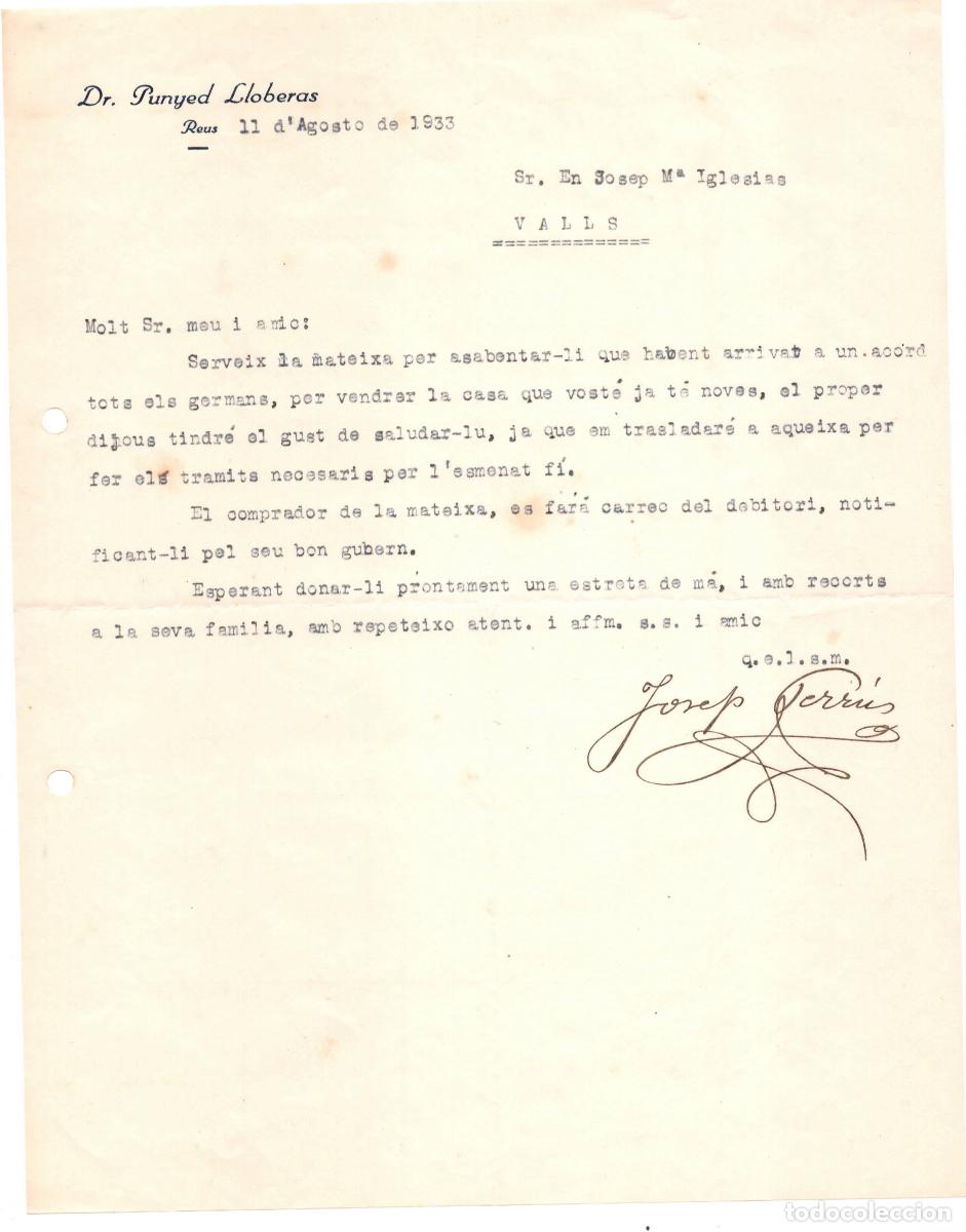Cartas comerciales: Carta comercial Doctor Punyed Lloberas &ndash; Rep&uacute;blica Reus 1933