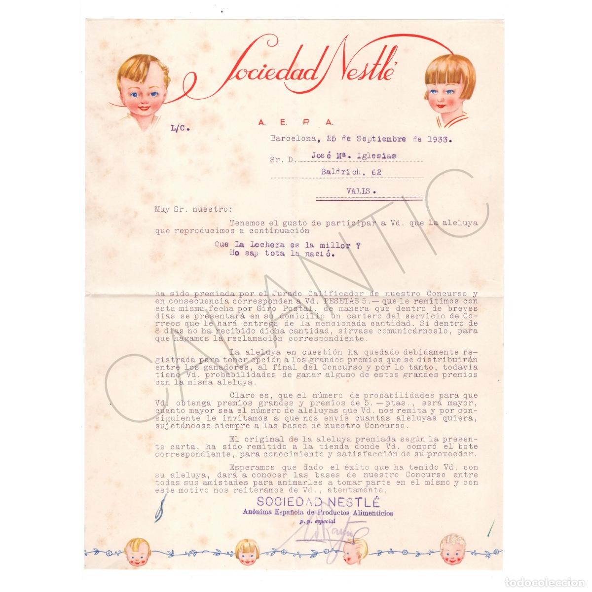 Cartas comerciales: Carta comercial Sociedad Nestl&eacute; &ndash; Premio &ndash; Rep&uacute;blica Barcelona 1933