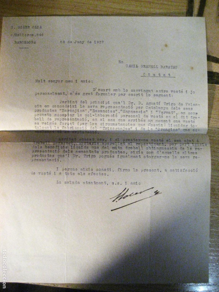 Cartas comerciales: Interesante carta representacion de Trinaranjus , Orangina en Catalu&ntilde;a . 1937 - Granell / Soler / D