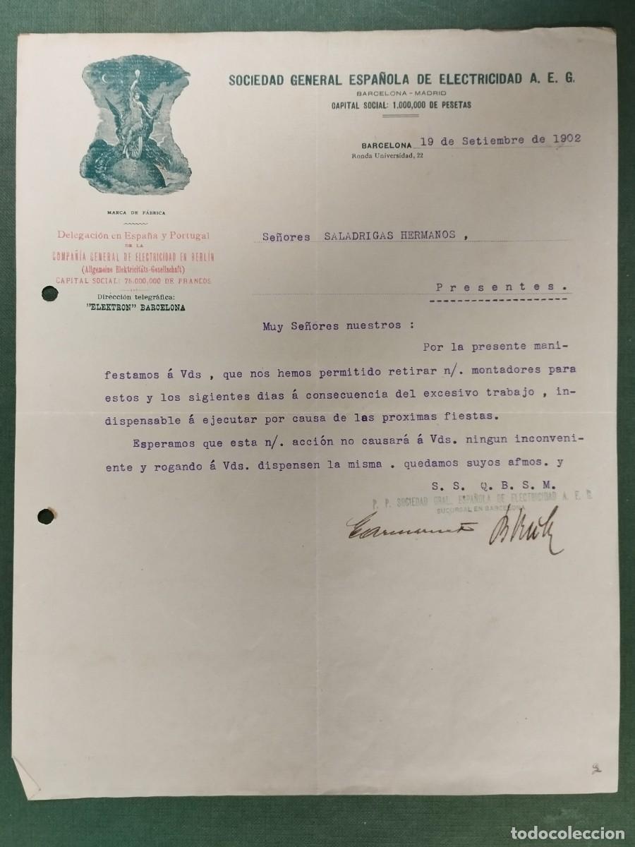 Cartas comerciales: CARTA COMERCIAL SOCIEDAD GENERAL ESPA&Ntilde;OLA DE ELECTRICIDAD BARCELONA 1902