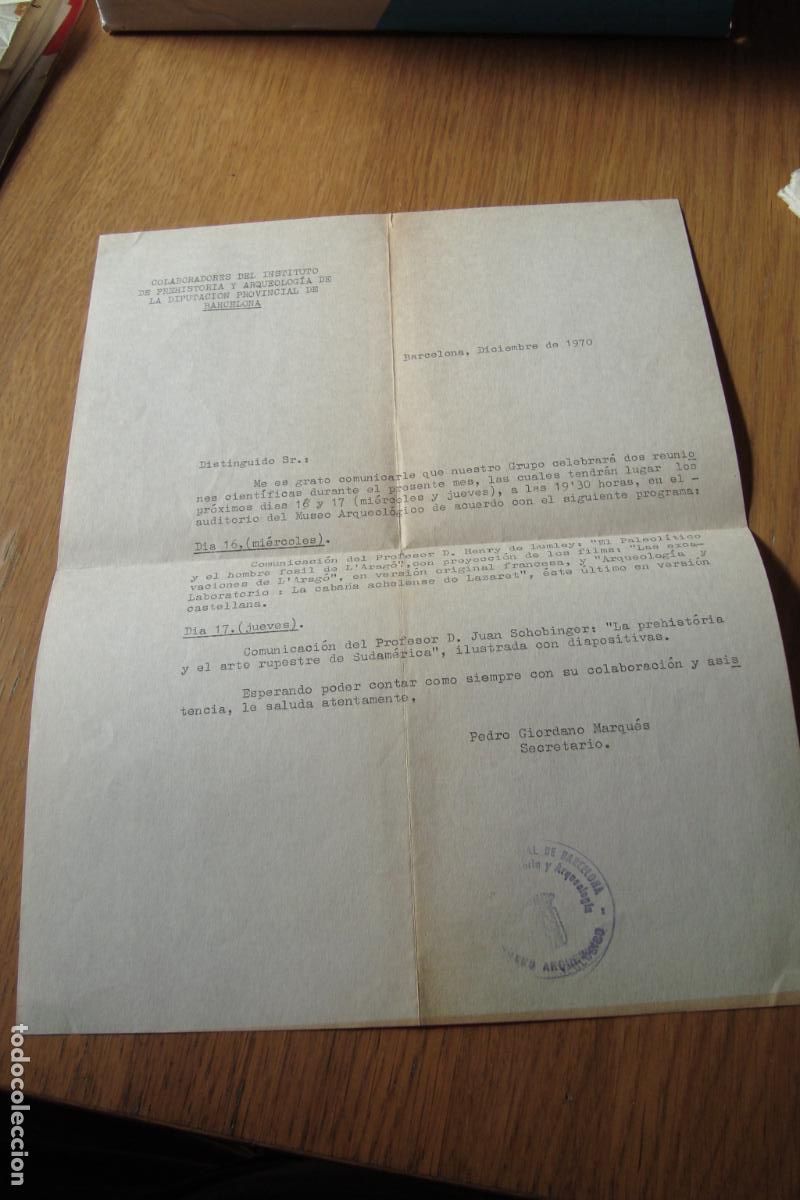 Cartas comerciales: INSTITUTO PREHISTORIA ARQUEOLOGIA BARCELONA 1970. PROF. HERNY LUMLEY - PROF.JUAN SCHOBINGER