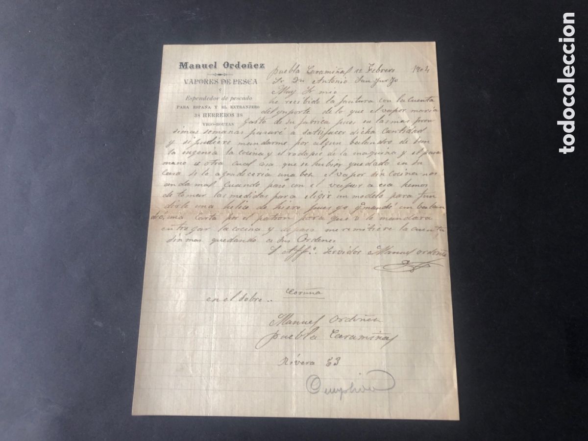 Cartas comerciales: Antigua y rara carta comercial Manuel Ordo&ntilde;ez VAPORES DE PESCA VIGO