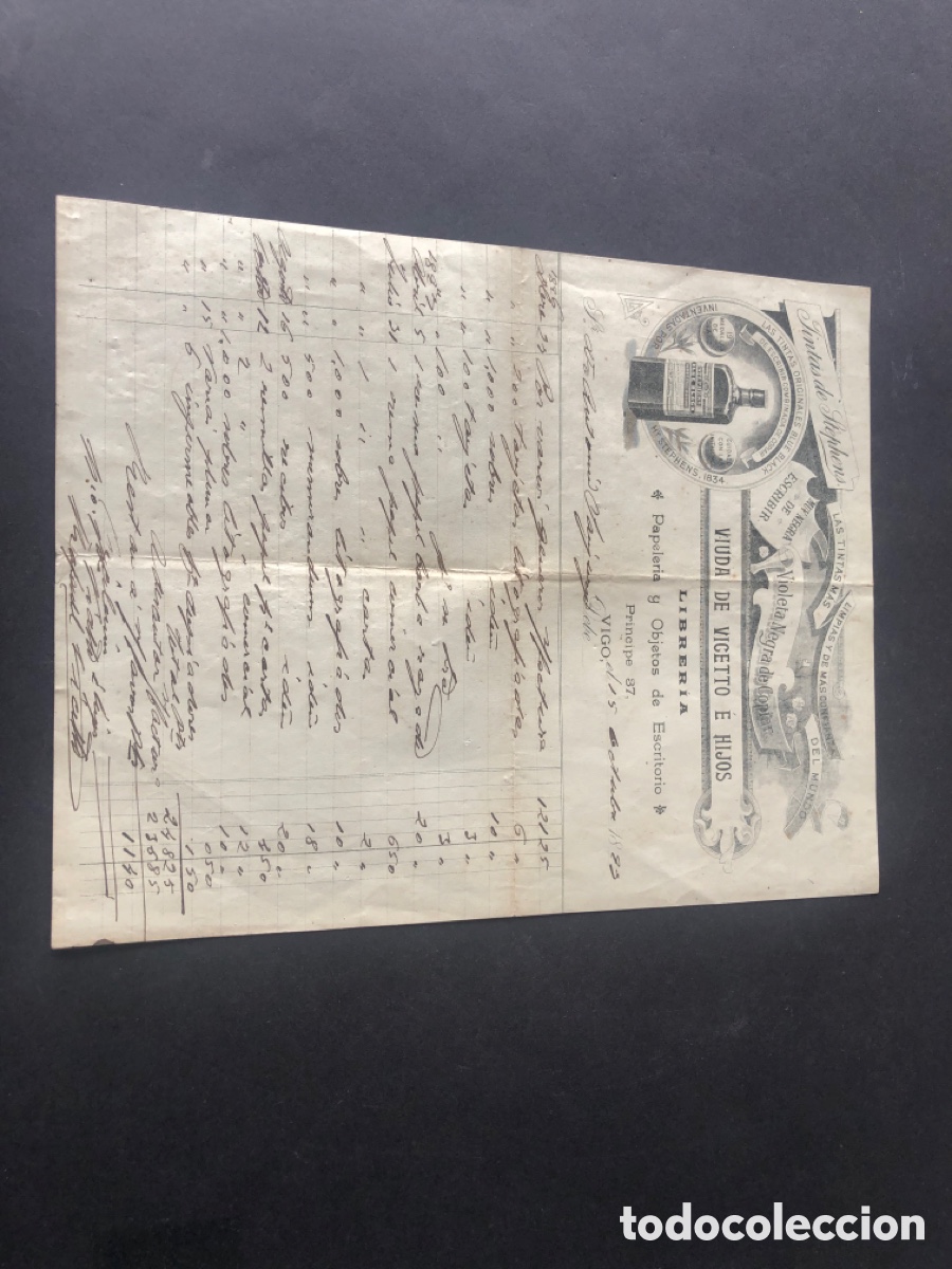 Cartas comerciales: Antigua y rara carta comercial librer&iacute;a Viuda de Vigetto e Hijos VIGO dirigida a Antonio Sanjurjo