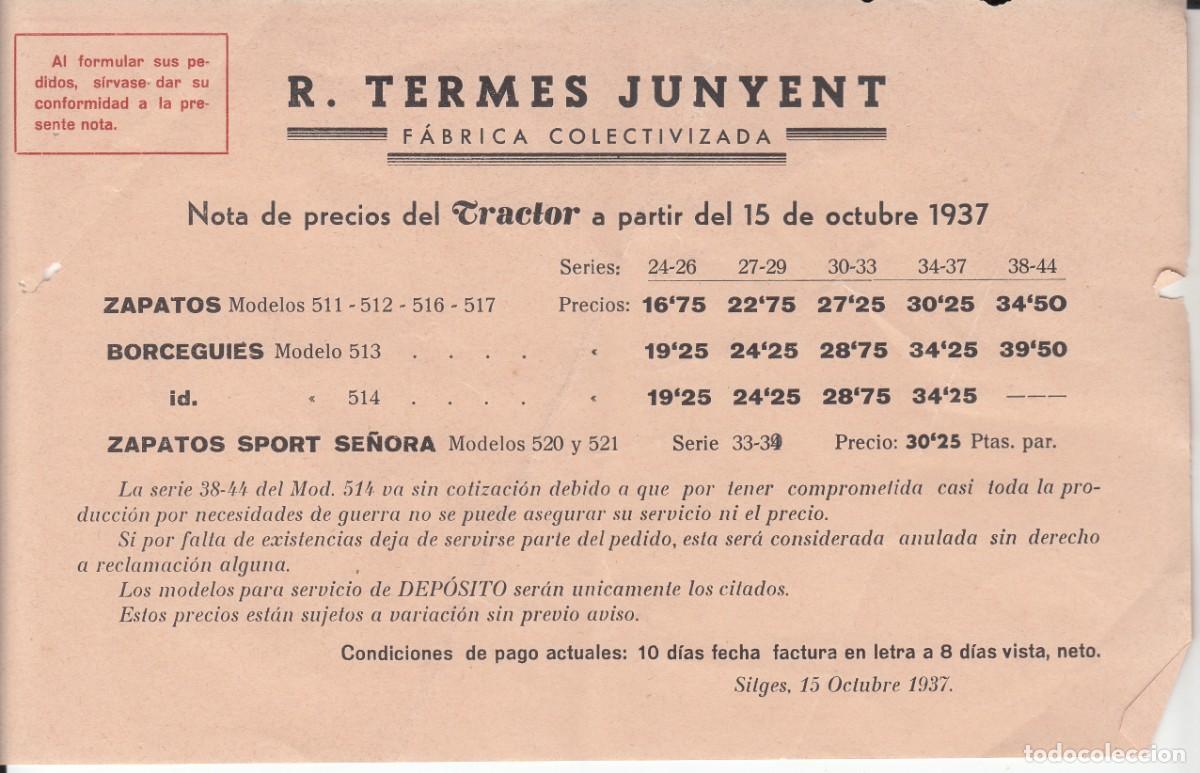 Cartas comerciales: GUERRA CIVIL - SITGES 1937 - NOTA DE PRECIOS DE CALZADO DE R. TERMES JUNYET FABRICA COLECTIVIZADA