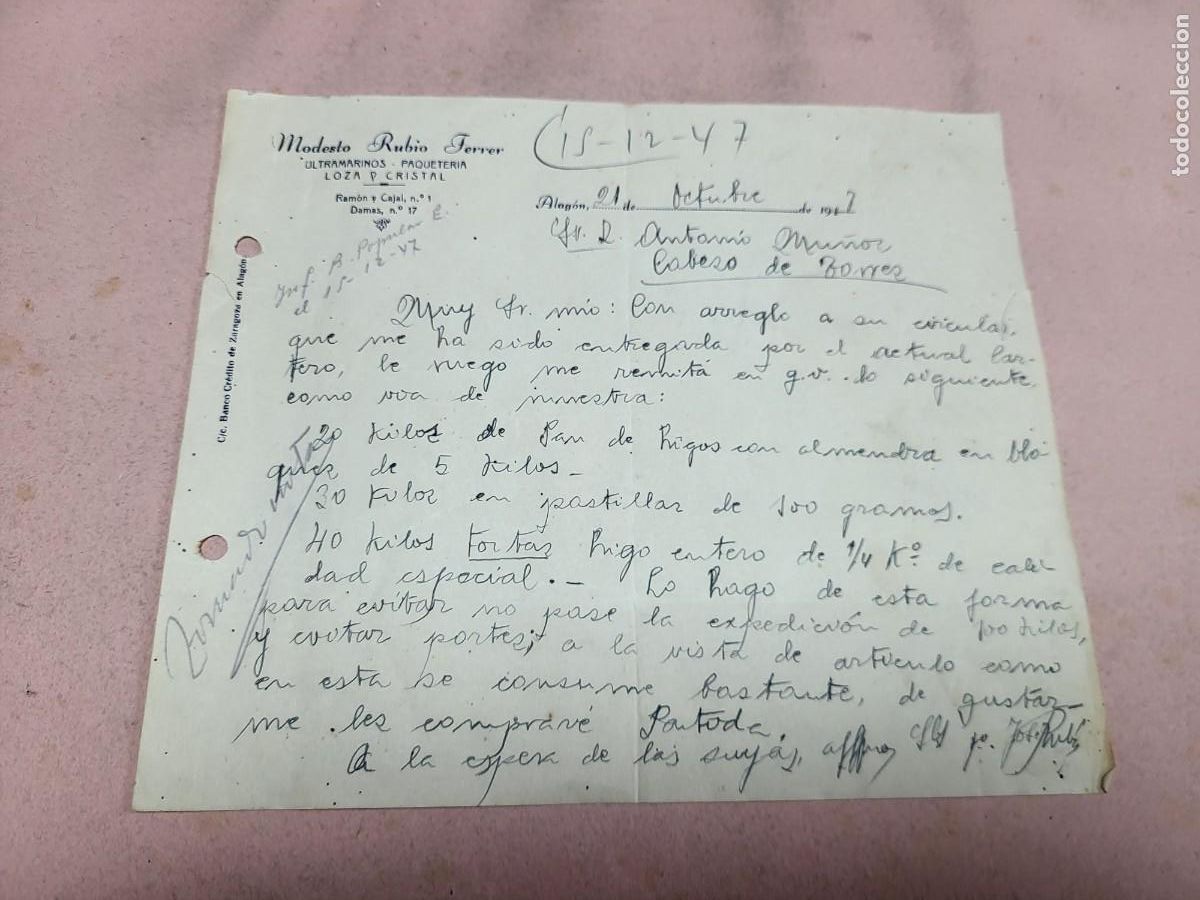 Cartas comerciales: ANTIGUA CARTA COMERCIAL ULTRAMARINOS RUBIO FERRER ALAGON ZARAGOZA 1947