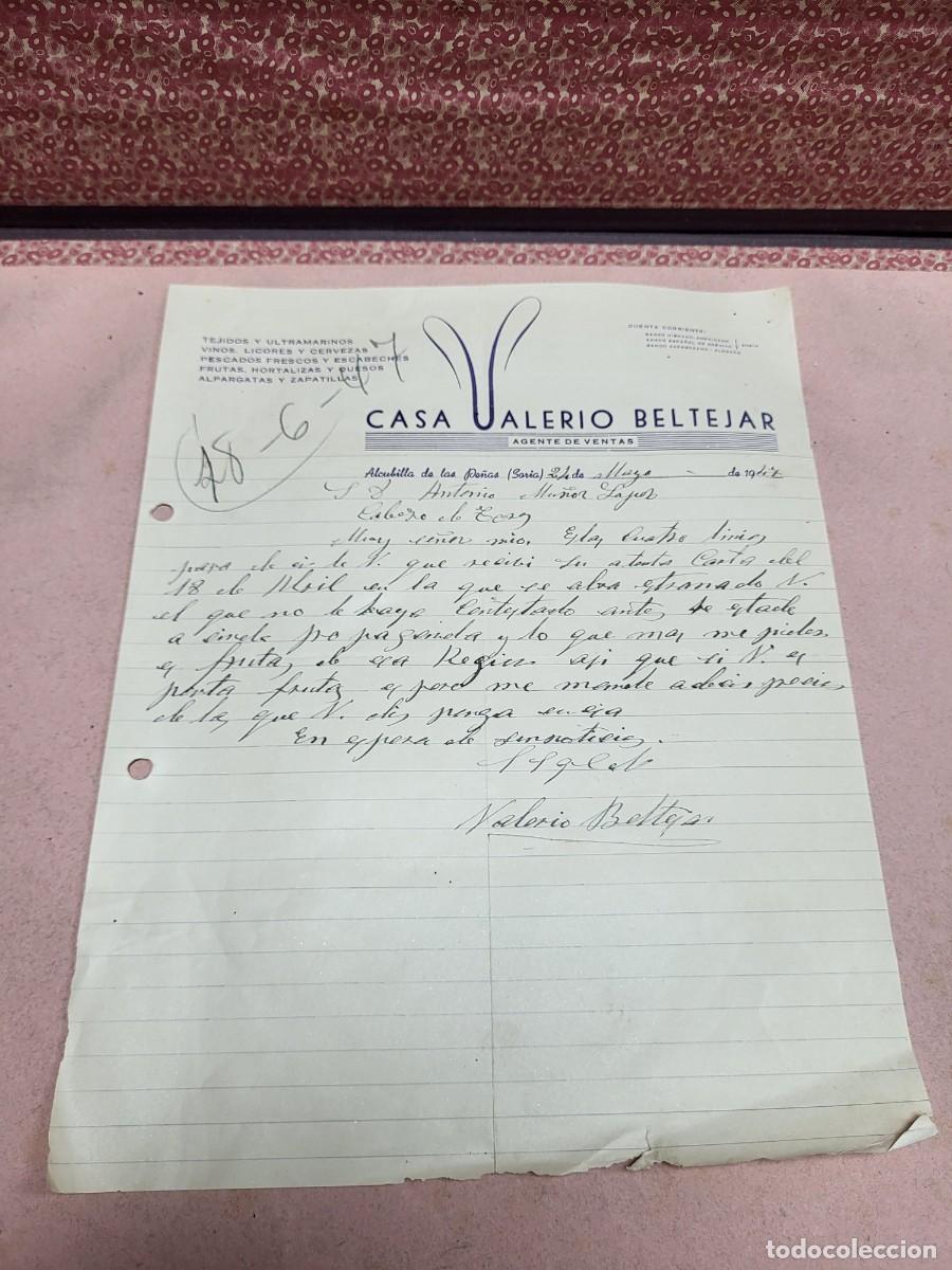 Cartas comerciales: ANTIGUA CARTA COMERCIAL ULTRAMARINOS VALERIO BELTEJAR ALCUBILLA DE LAS PE&Ntilde;AS SORIA 1947