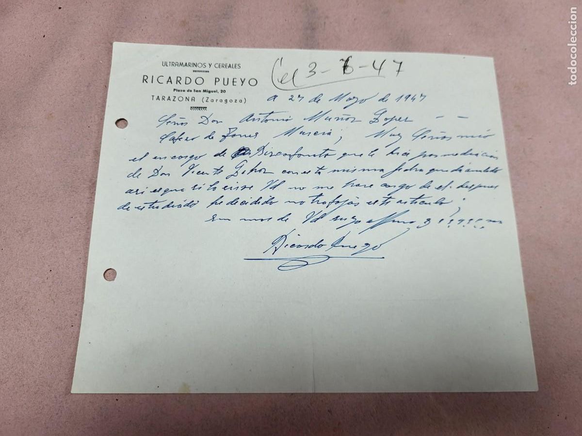Cartas comerciales: ANTIGUA CARTA COMERCIAL ULTRAMARINOS RICARDO PUEYO TARAZONA ZARAGOZA 1947