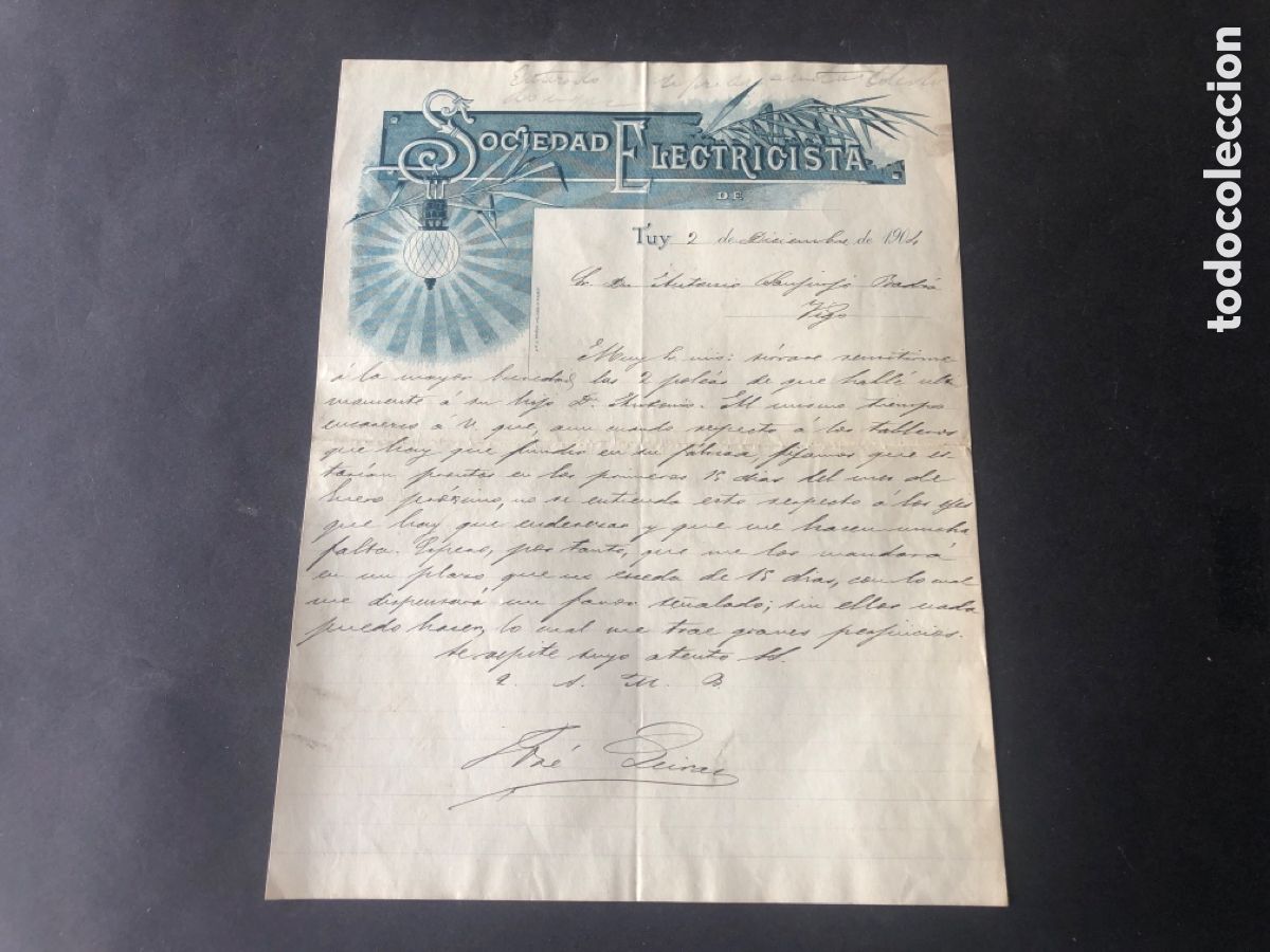 Cartas comerciales: Antigua carta comercial SOCIEDAD ELECTRICISTA DE TUY dirigida a Antonio Sanjurjo VIGO