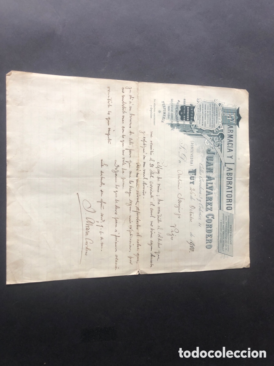 Cartas comerciales: Antigua y rara carta comercial FARMACIA JUAN ALVAREZ CORDERO TUY dirigida a Antonio Sanjurjo VIGO