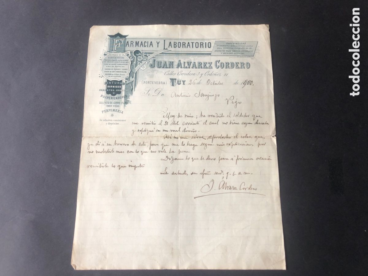 Cartas comerciales: Antigua y rara carta comercial FARMACIA JUAN ALVAREZ CORDERO TUY dirigida a Antonio Sanjurjo VIGO