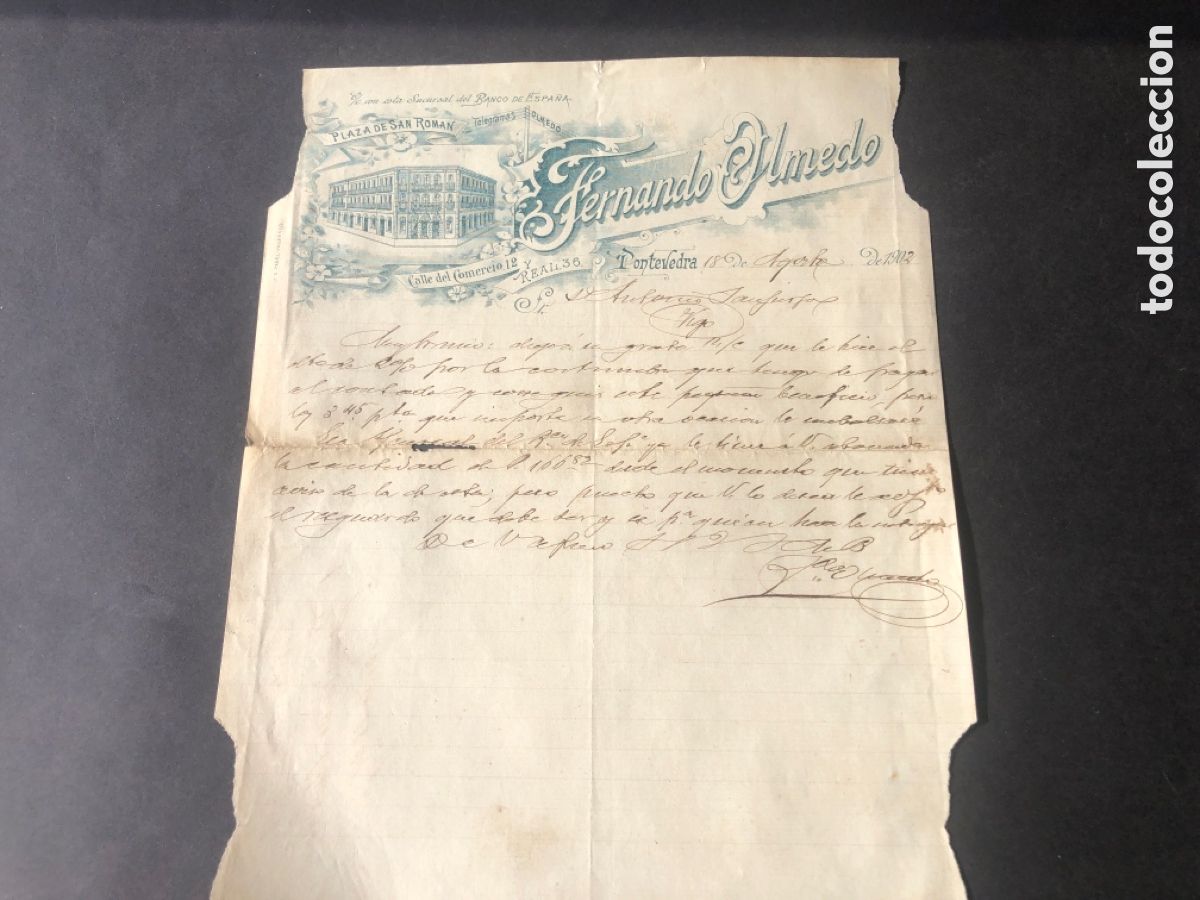 Cartas comerciales: Antigua y rara carta comercial FERNANDO OLMEDO PONTEVEDRA dirigida a Antonio Sanjurjo VIGO