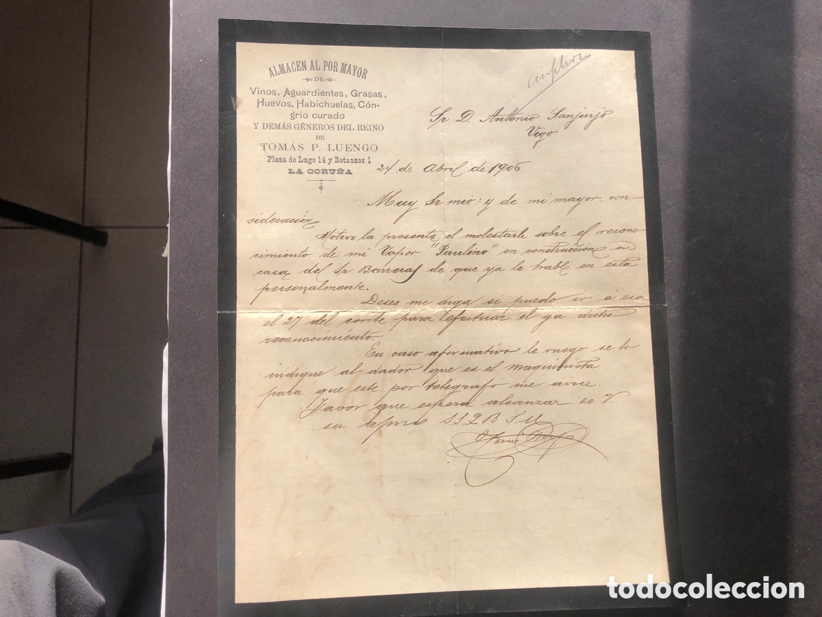 Cartas comerciales: Carta comercial ALMACEN AL POR MAYOR TOMAS P. LUENGO CORU&Ntilde;A VIGO
