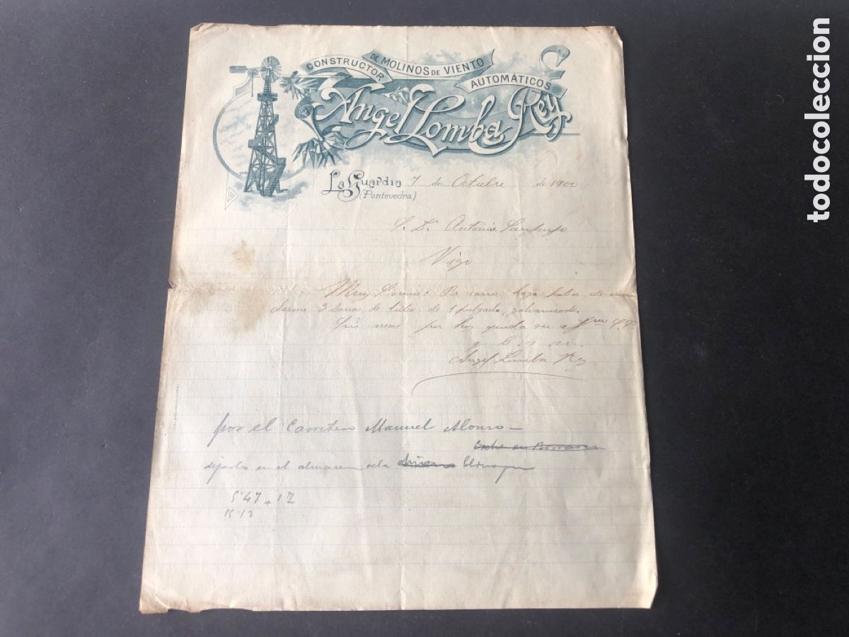 Cartas comerciales: Antigua carta comercial ANGEL LOMBA REY molinos de viento LA GUARDIA VIGO