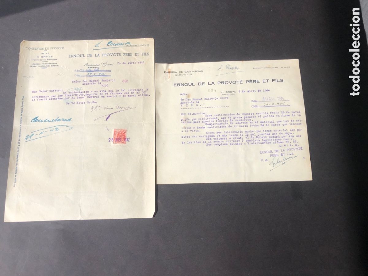 Cartas comerciales: Carta comercial ERNOUL DE LA PROVOTE PERE ET FILS el Grove PONTEVEDRA VIGO