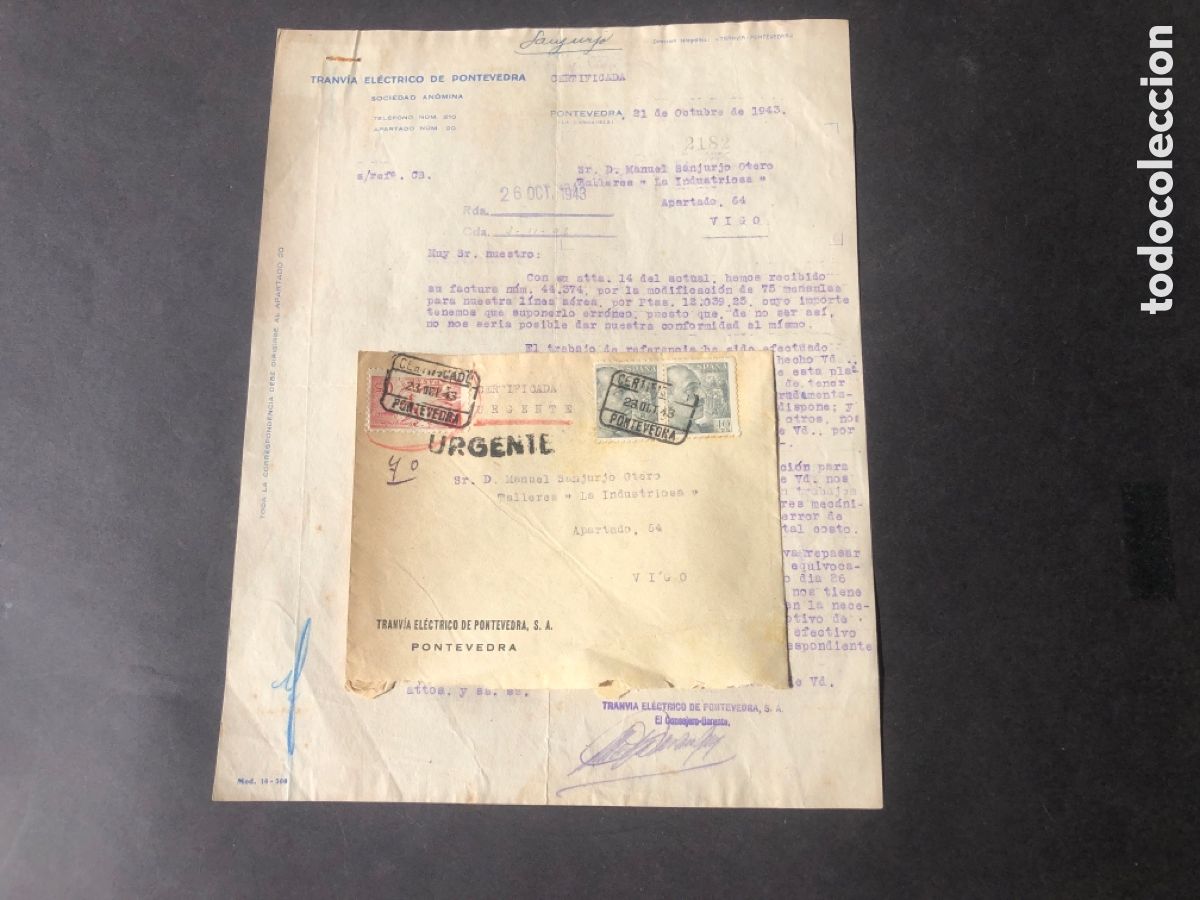 Cartas comerciales: Carta comercial TRANVIA ELECTRICO DE PONTEVEDRA dirigida a VIGO