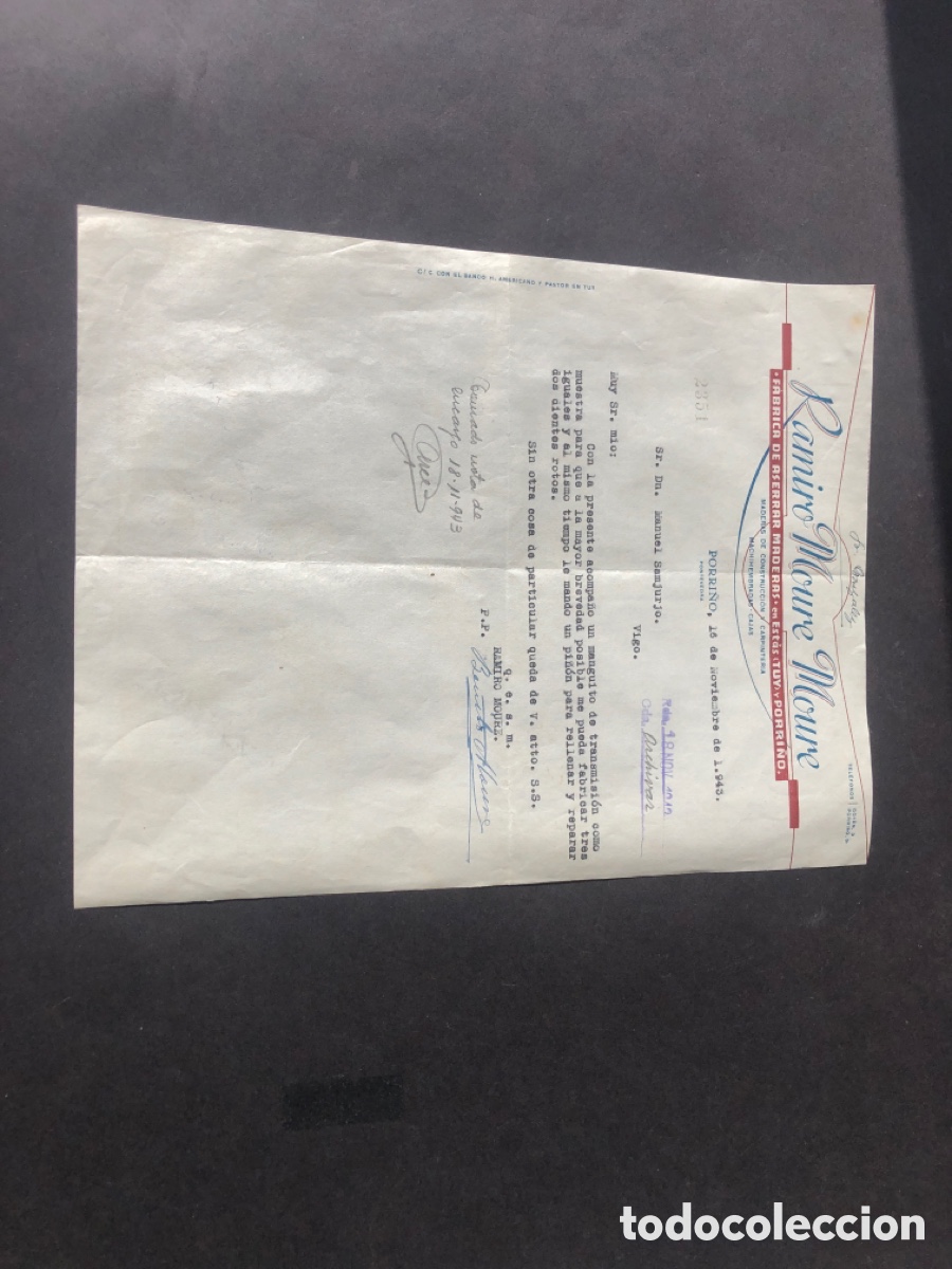 Cartas comerciales: Carta comercial fabrica de aserrar maderas RAMIRO MOURE MOURE TUY PORRI&Ntilde;O VIGO