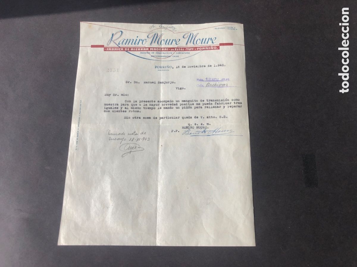 Cartas comerciales: Carta comercial fabrica de aserrar maderas RAMIRO MOURE MOURE TUY PORRI&Ntilde;O VIGO