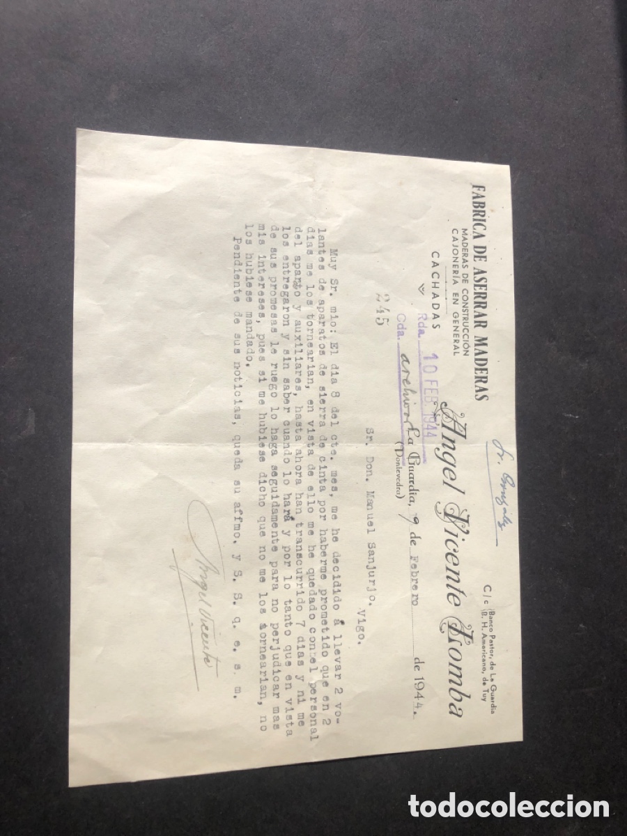 Cartas comerciales: Carta comercial Fabrica de Aserrar Maderas ANGEL VICENTE LOMBA la GUARDIA VIGO