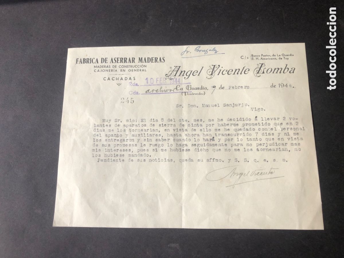 Cartas comerciales: Carta comercial Fabrica de Aserrar Maderas ANGEL VICENTE LOMBA la GUARDIA VIGO