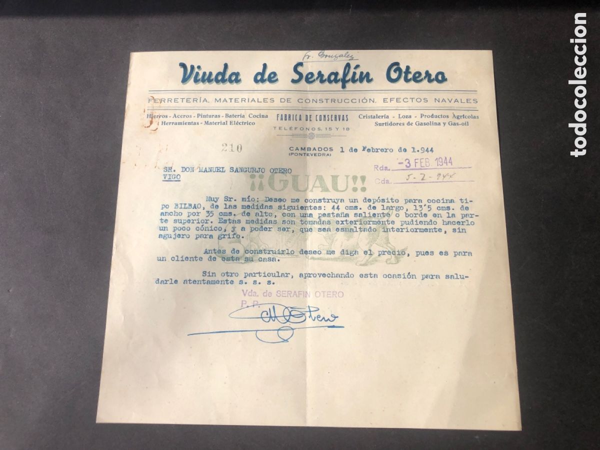 Cartas comerciales: Carta comercial Fabrica de Conservas Ferreteria VIUDA DE SERAFIN OTERO Cambados Pontevedra Vigo