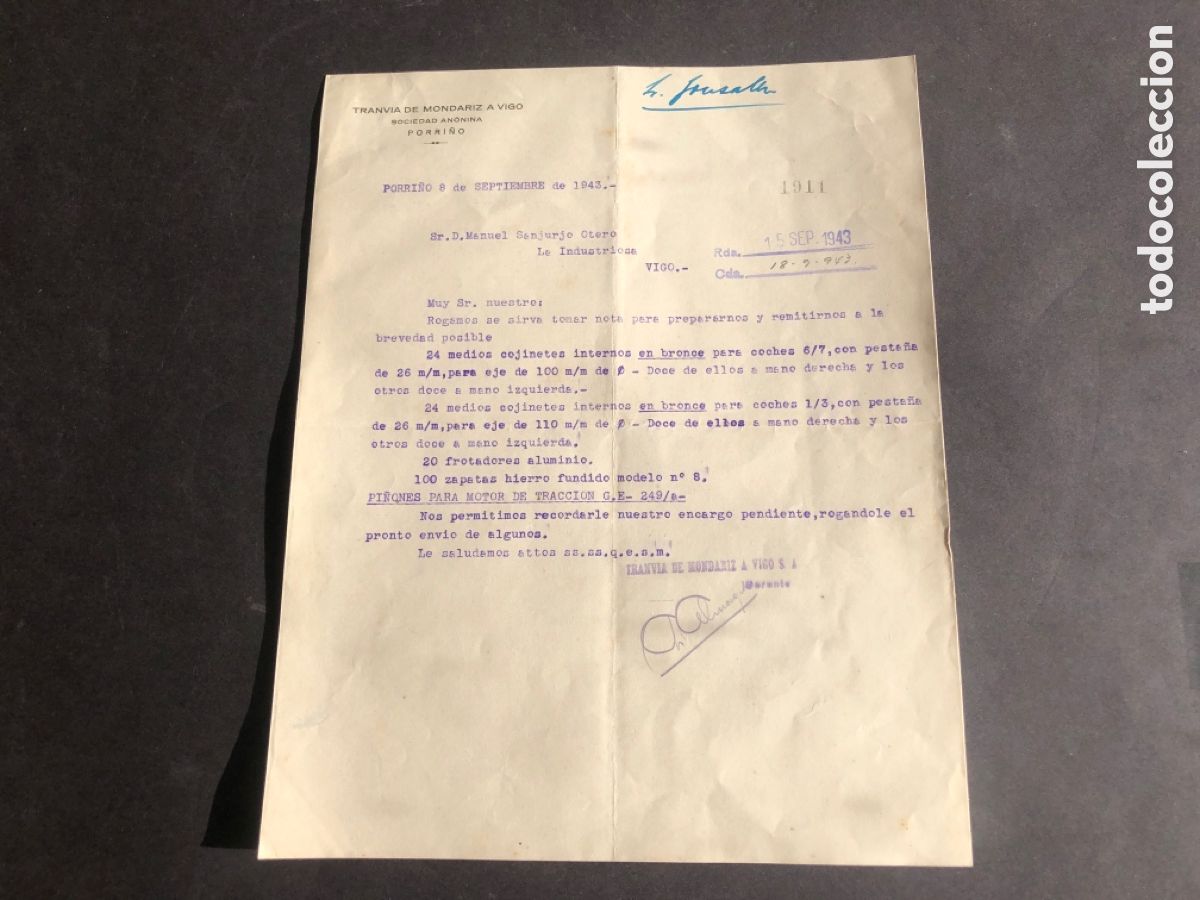 Cartas comerciales: Carta comercial TRANVIA DE MONDARIZ A VIGO Sociedad An&oacute;nima PORRI&Ntilde;O