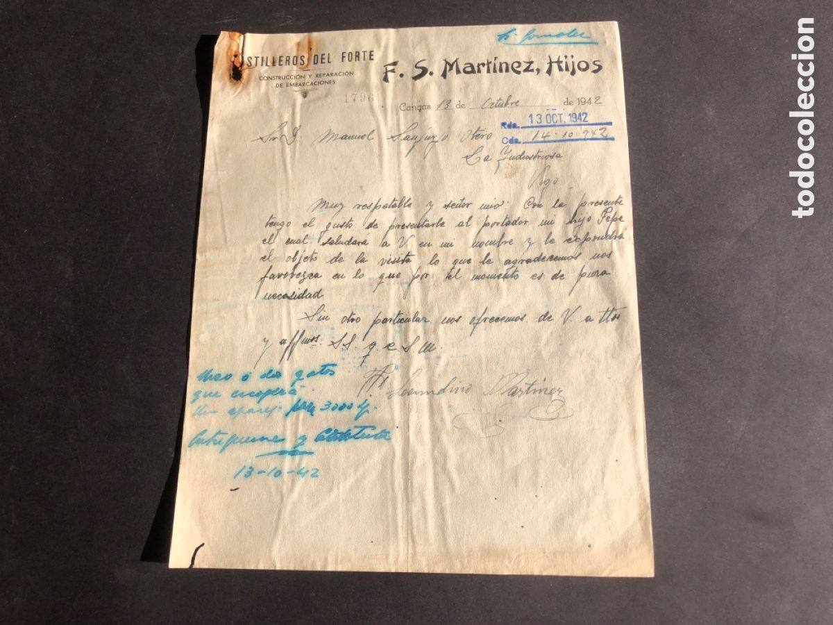 Cartas comerciales: Carta comercial ASTILLEROS DEL FORTE F. S. MARTINEZ , HIJOS CANGAS VIGO