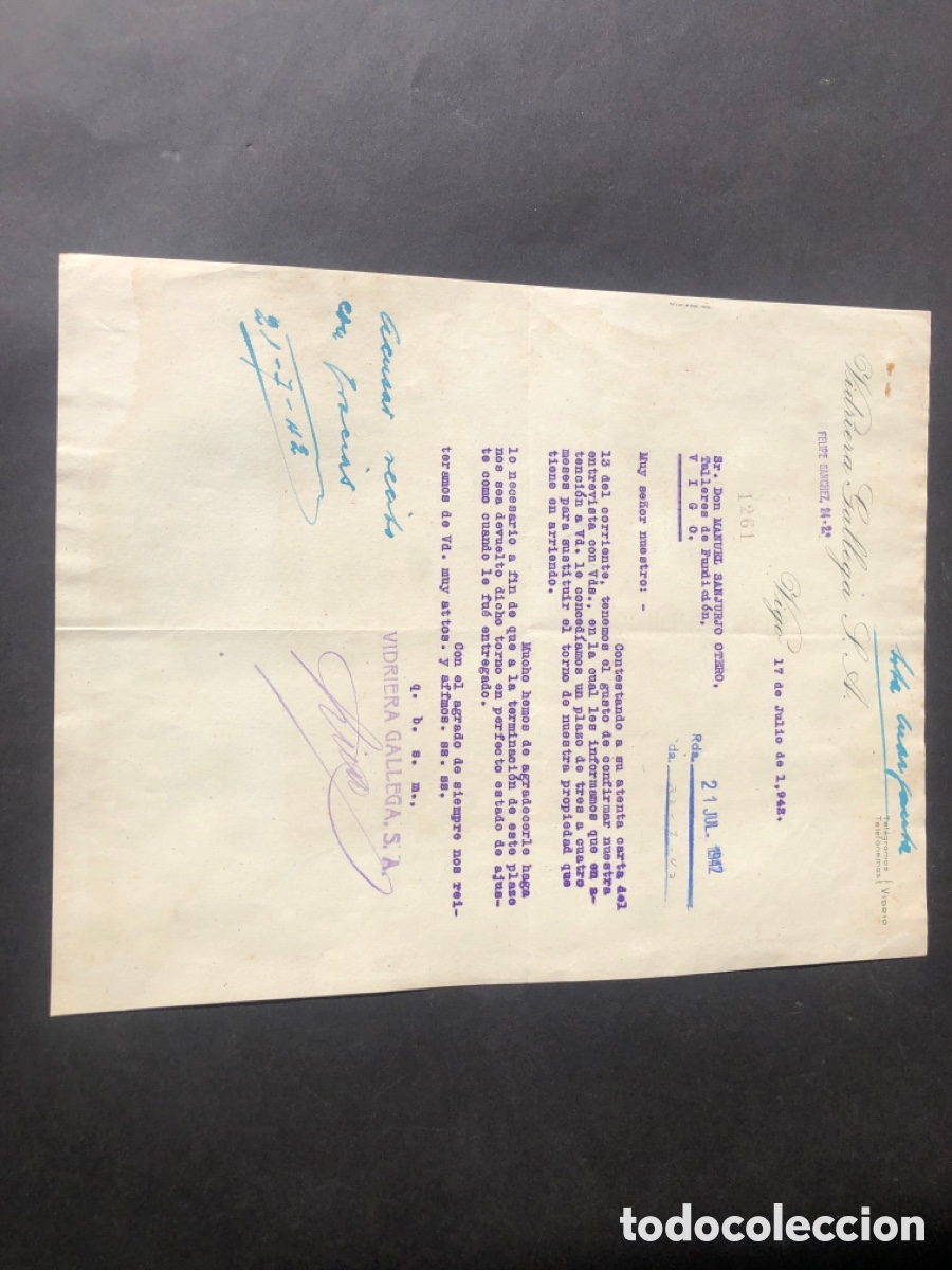 Cartas comerciales: Carta comercial VIDRIERA GALLEGA S.A. VIGO