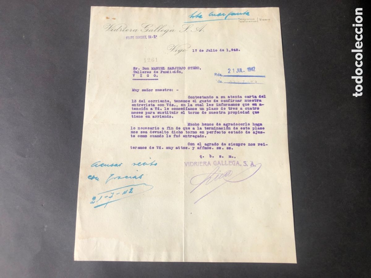 Cartas comerciales: Carta comercial VIDRIERA GALLEGA S.A. VIGO