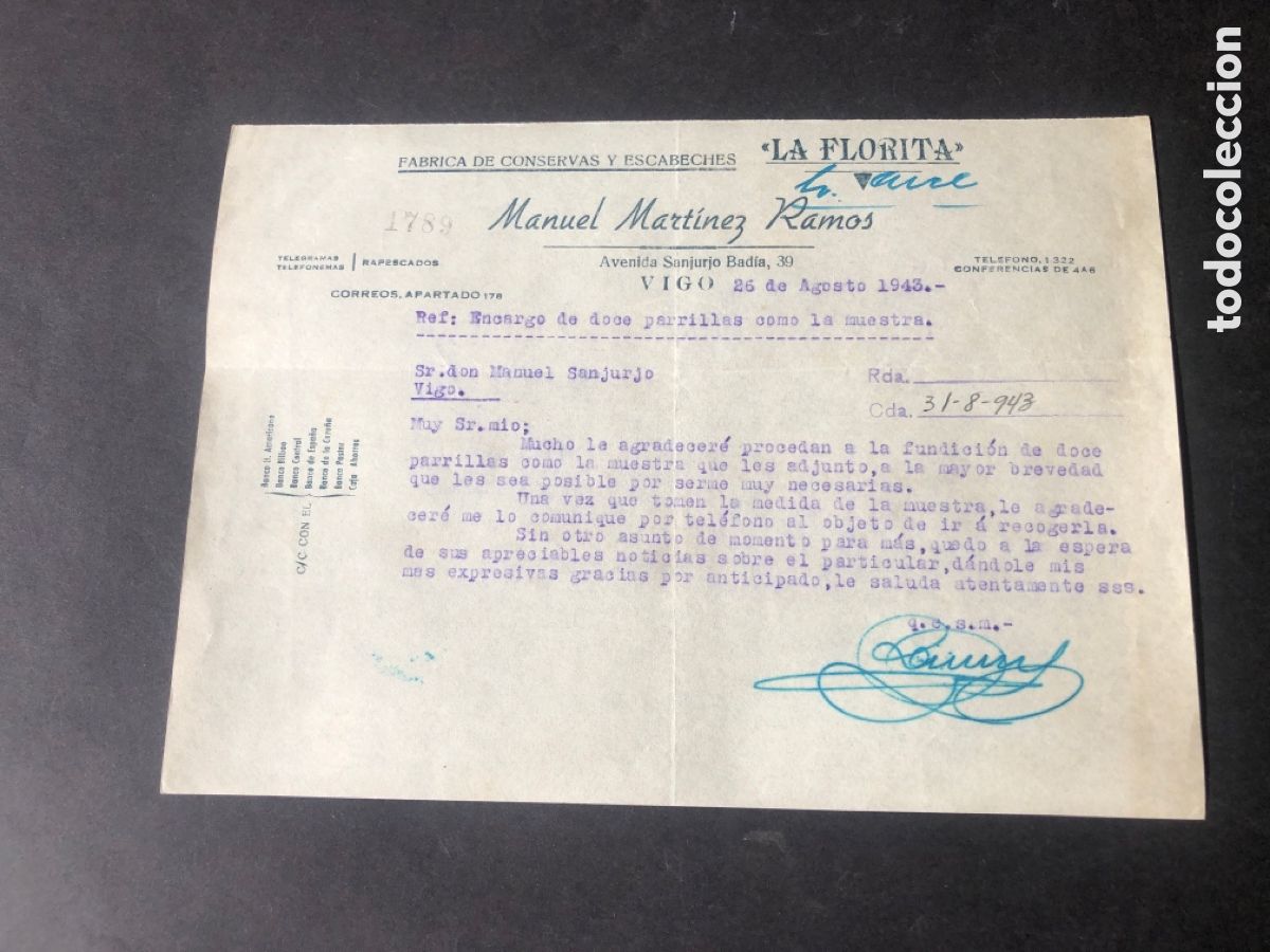 Cartas comerciales: Carta comercial fabrica de conservas LA FAVORITA MANUEL MARTINEZ RAMOS VIGO