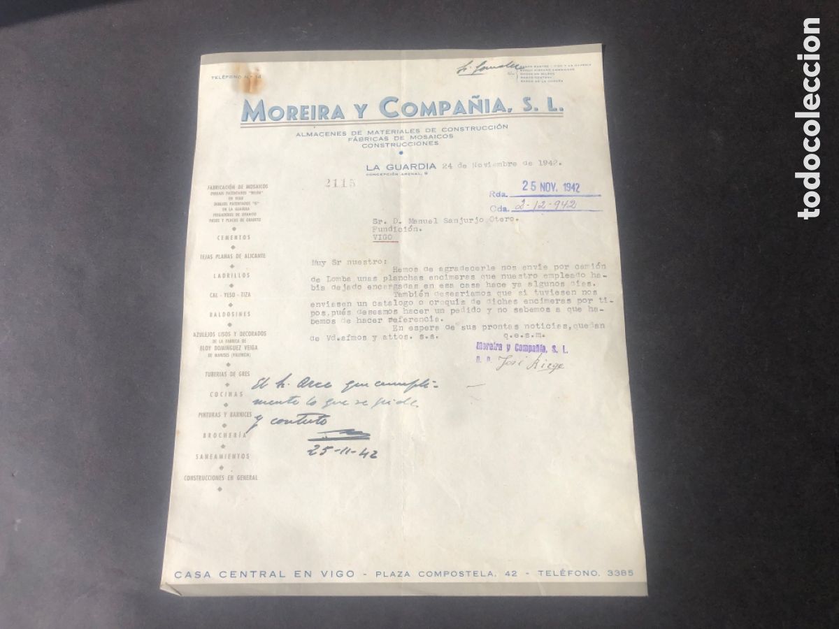 Cartas comerciales: Carta comercial almac&eacute;n de materiales de construcci&oacute;n MOREIA Y COMPA&Ntilde;IA S. l. La GUARDIA VIGO