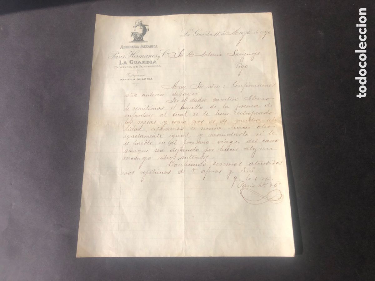 Cartas comerciales: Carta comercial muy rara ASERRERIA MECANICA PARIS HERMANOS LA GUARDIA VIGO