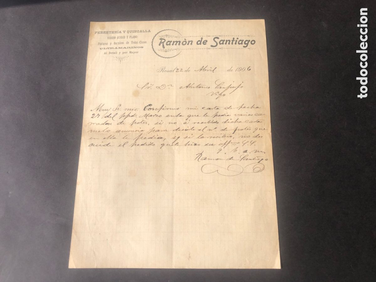 Cartas comerciales: Carta comercial ferreter&iacute;a quincalla y ultramarinos RAMON SANTIAGO EL ROSAL VIGO