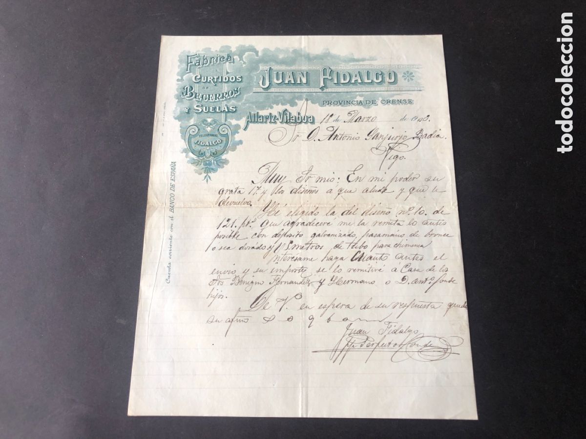 Cartas comerciales: Carta comercial fabrica de curtidos JUAN FIDALGO ALLARIZ- VILABOA ORENSE VIGO