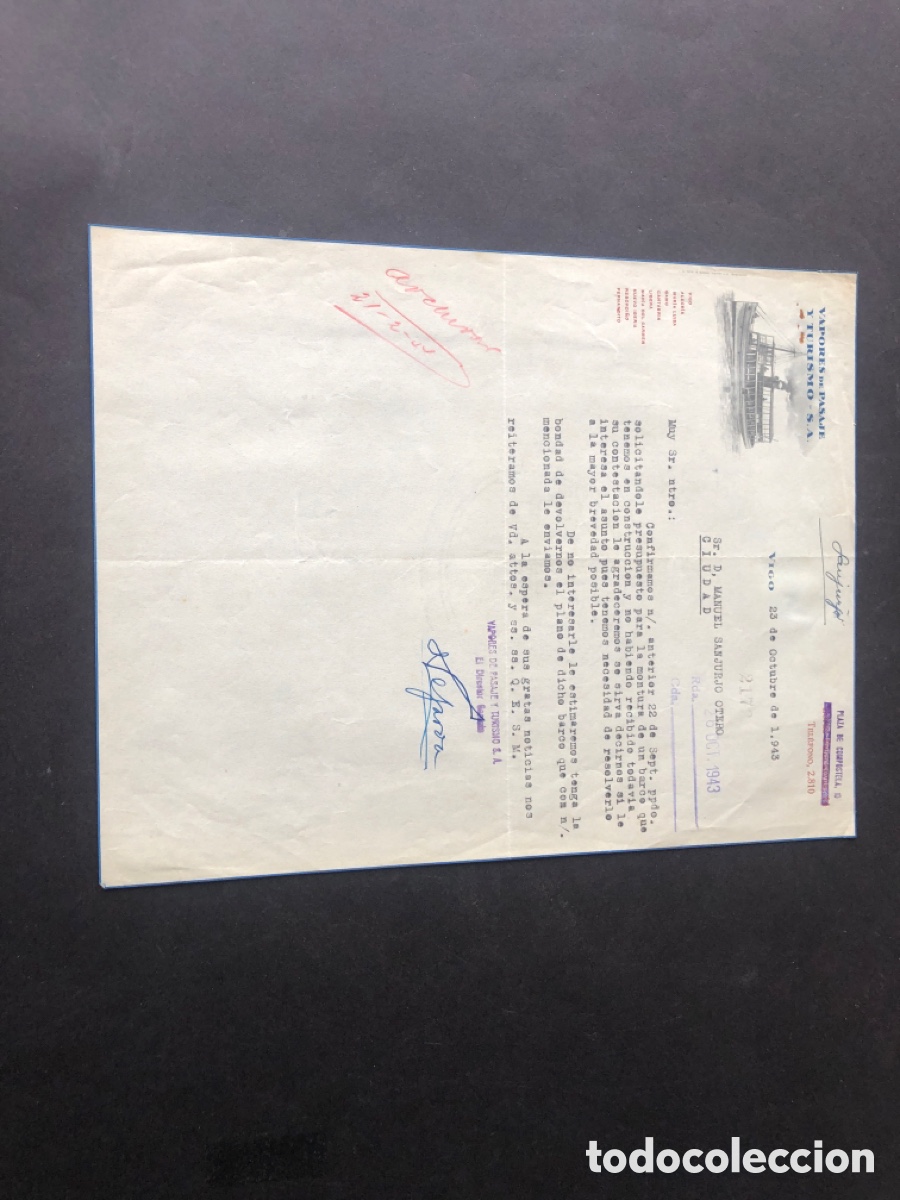 Cartas comerciales: Carta comercial VAPORES DE PASAJE Y TURISMO S.A. VIGO
