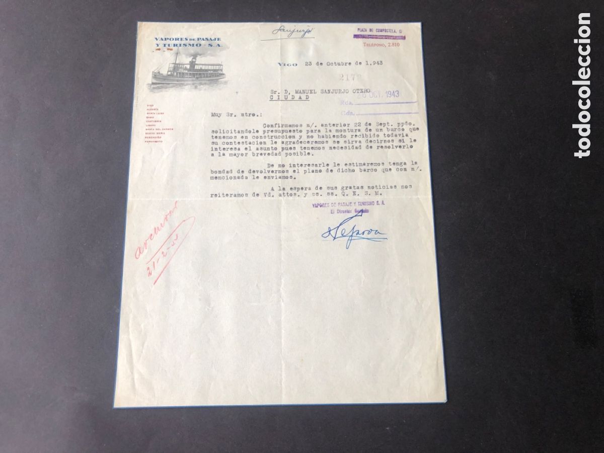 Cartas comerciales: Carta comercial VAPORES DE PASAJE Y TURISMO S.A. VIGO