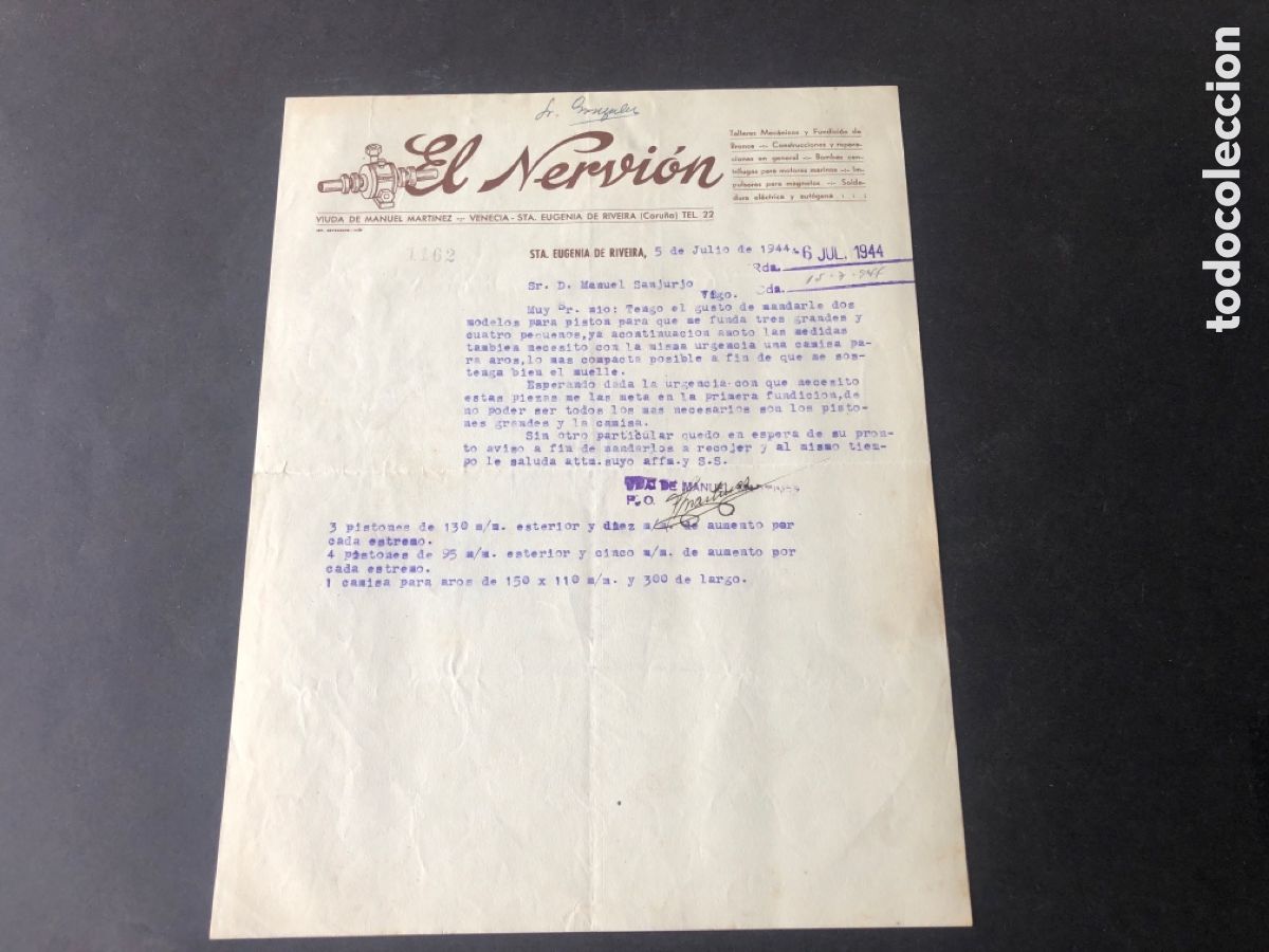 Cartas comerciales: Carta comercial talleres mecanicos EL NERVION Sta EUGENIA DE RIVEIRA CORU&Ntilde;A VIGO