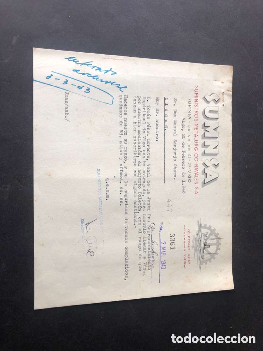 Cartas comerciales: Carta comercial SUMNSA suministros metalurgico - navales S. A. Vigo