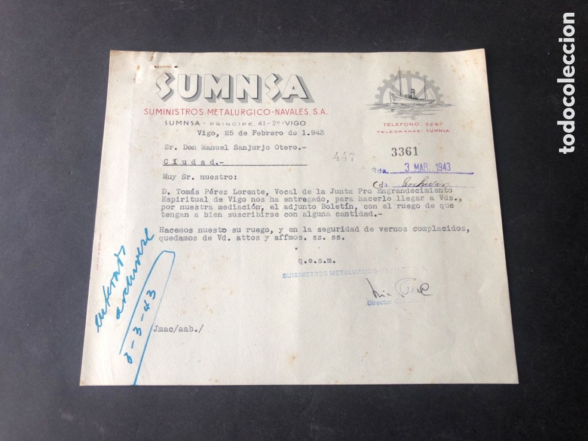 Cartas comerciales: Carta comercial SUMNSA suministros metalurgico - navales S. A. Vigo