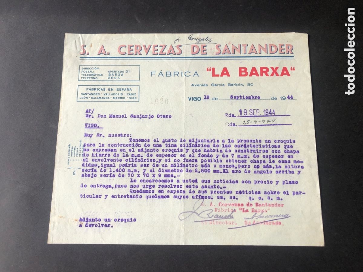 Cartas comerciales: Carta comercial S.A. CERVEZAS DE SANTANDER fabrica LA BARXA VIGO
