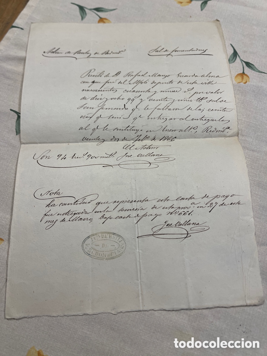 Cartas comerciales: Carta de pago manuscrita 1866