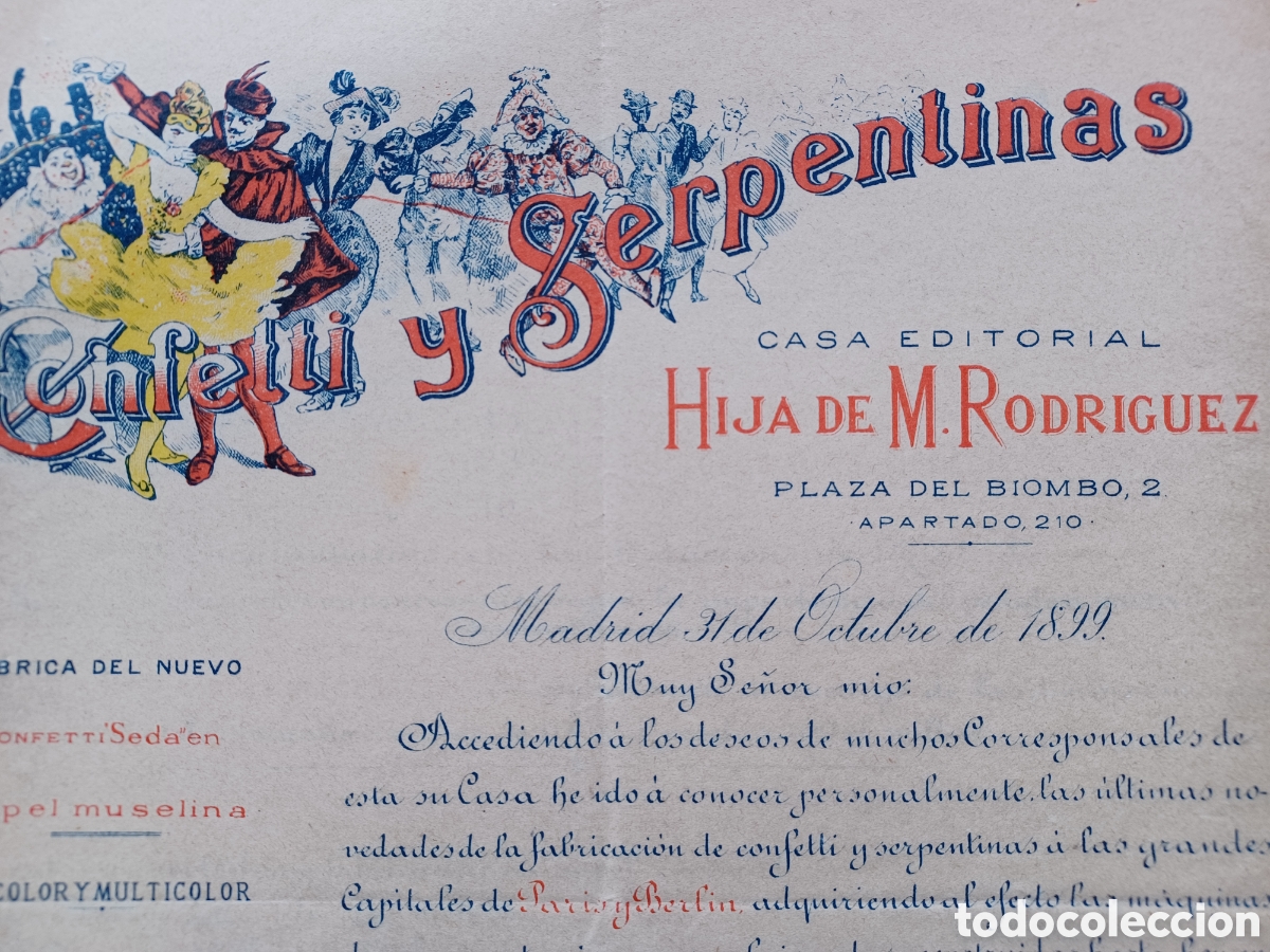 Cartas comerciales: Carta lista de precios de la f&aacute;brica de confeti y serpentinas, Hija de M. Rodriguez