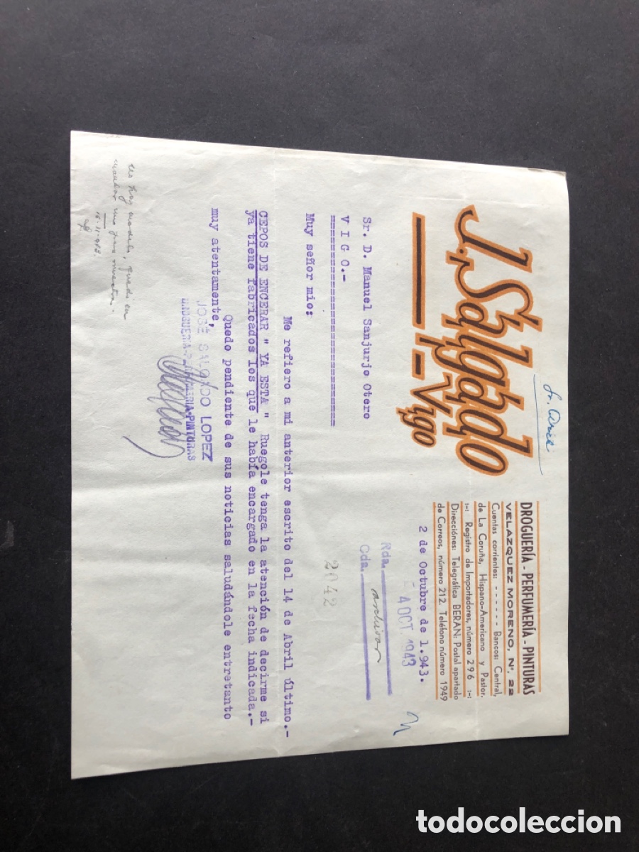 Cartas comerciales: Carta comercial droguer&iacute;a / perfumer&iacute;a J. SALGADO VIGO