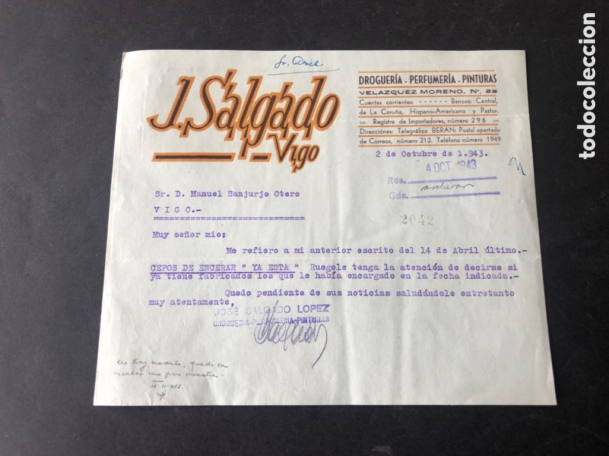 Cartas comerciales: Carta comercial droguer&iacute;a / perfumer&iacute;a J. SALGADO VIGO