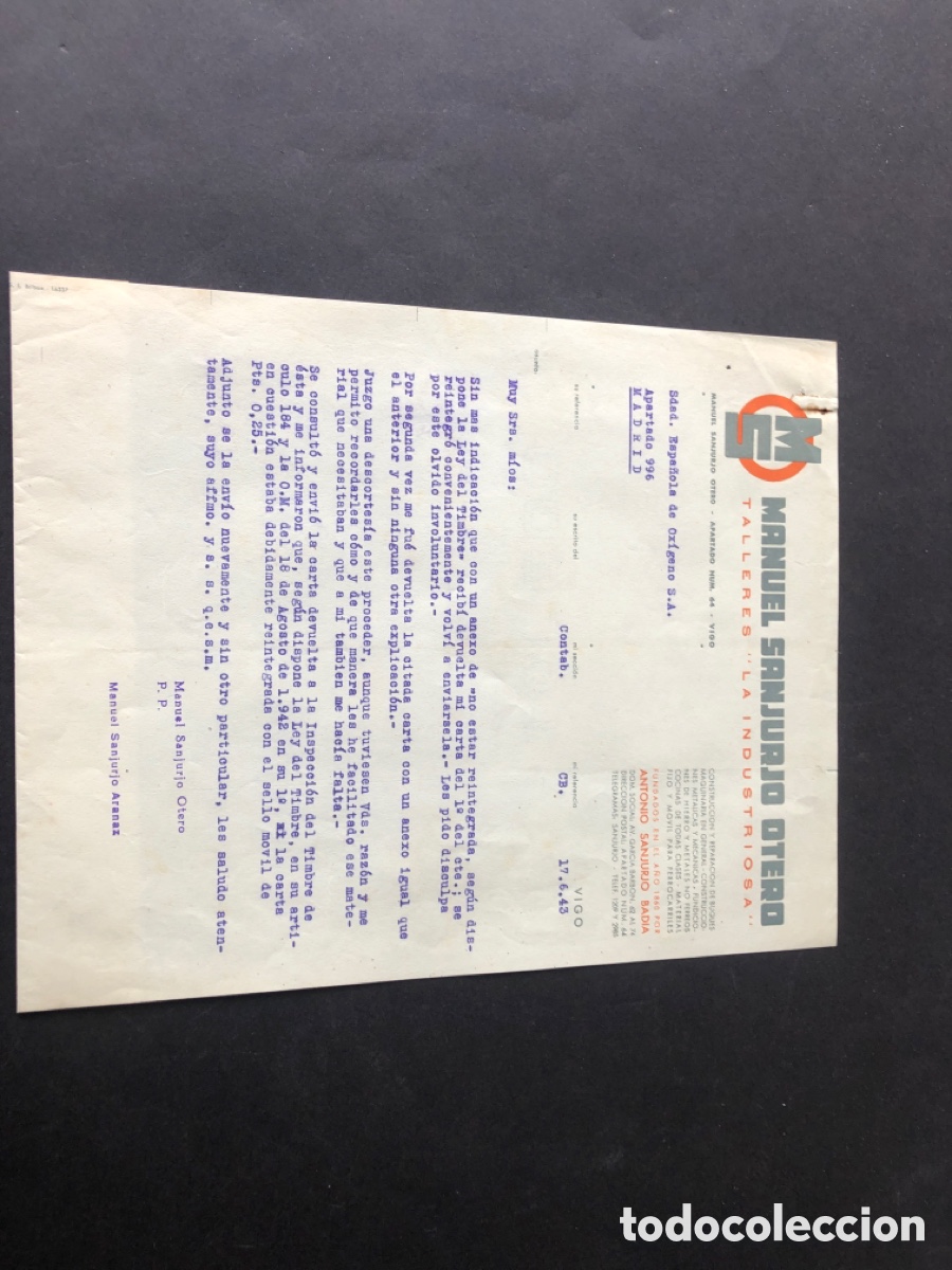 Cartas comerciales: Carta comercial TALLERES LA INDUSTRIOSA MANUEL SANJURJO OTERO VIGO
